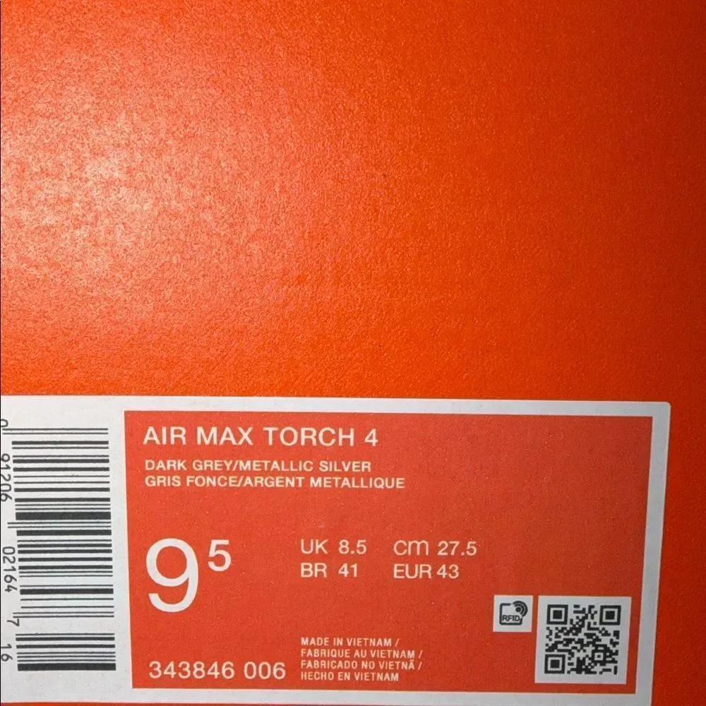 Nike Air Max Torch 4 Grey Metallic Silver 343846-006 Men’s Size 9.5